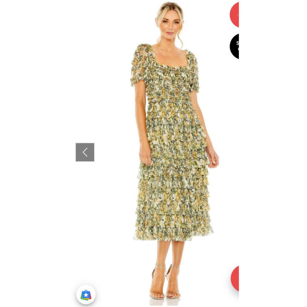 Mac Duggal Floral Short Sleeve Micro Ruffle Tea Length Dress Size 8 (MSRP $498)